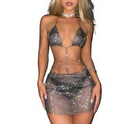 Women's 2 Piece Rhinestone Mesh Set, Sparkly Fishnet Hollow Out Bikini Top with Chain Detail and Mini Skirt(S)