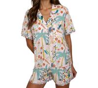 Women's 2 Piece Satin Leopard Pyjama Sets Heart Print Short Sleeve Button Down Nightwear Sleepwear Bride Set Ladies Pyjamas Co Ord Sets Pjs, Pink, L