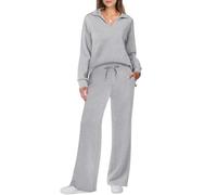 Women's 2 Piece Sets Outfits Casual Long Sleeve Sweatsuits Sets Lounge Matching Set Polo Top and Wide Leg Pants Fall (Light Gray,2XL)