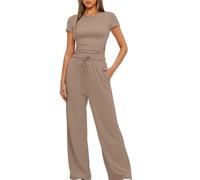 Women's 2 Piece Short Sleeve Tracksuit for Women UK Soft Stretch Loungewear Set Plus Size Wide Leg Trousers High Waist Yoga Outfits Ladies Casual Jogger Set Gym Clearance Khaki
