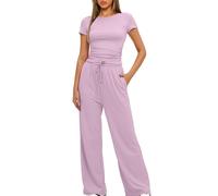 Women's 2 Piece Short Sleeve Tracksuit for Women UK Soft Stretch Loungewear Set Plus Size Wide Leg Trousers High Waist Yoga Outfits Ladies Casual Jogger Set Gym Clearance Pink