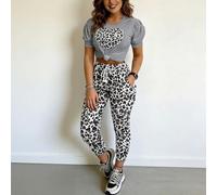 Women's 2 Piece Sportswear Set Leopard Print Jogger Pants, Tie Front Puff Sleeve Top Drawstring Waist Casual Wear