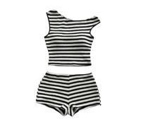 Women's 2 Piece Striped Outfits Y2K Crochet Off The Shoulder Knit Tank Crop Tops and Mini Shorts Set Summer Lounge Matching Set(Black,S)