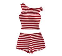 Women's 2 Piece Striped Outfits Y2K Crochet Off The Shoulder Knit Tank Crop Tops and Mini Shorts Set Summer Lounge Matching Set(Red,S)