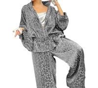 Women's 2-Piece Suit with Lapel and Half Sleeves with Leopard Print,Leopard Fitted Blazers for Women Dressy Notched Lapel Suit Jacket,Long Sleeve Zipper Drawstring Top High Waist Pants(Grey,XL)