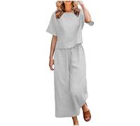 Women's 2 Piece Summer Tracksuit Set Co Ords Set Loose Fit Round Neck Short Sleeve T-Shirt Solid Cotton Linen Tops and Wide Leg Pants Casual Trousers Lounge Wear Bottoms…