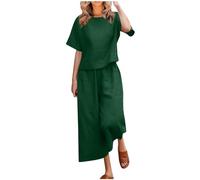 Women's 2 Piece Summer Tracksuit Set Co Ords Set Loose Fit Round Neck Short Sleeve T-Shirt Solid Cotton Linen Tops and Wide Leg Pants Casual Trousers Lounge Wear Bottoms