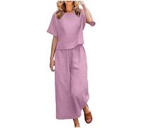 Women's 2 Piece Summer Tracksuit Set Co Ords Set Loose Fit Round Neck Short Sleeve T-Shirt Solid Cotton Linen Tops and Wide Leg Pants Casual Trousers Lounge Wear Bottoms…
