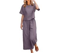 Women's 2 Piece Summer Tracksuit Set Co Ords Set Loose Fit Round Neck Short Sleeve T-Shirt Solid Cotton Linen Tops and Wide Leg Pants Casual Trousers Lounge Wear Bottoms…