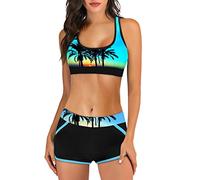 Women's 2 Piece Swimsuits, Push Up Soft Support Top & High Waisted Bottom, Tummy Control Bathing Bikini Suits, 3D Coconut Printed Swimwear, Summer Hawaiian Beach Suit (Suggest Buy one Size Up)