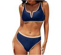 Womens 2 Piece Swimwear High Waisted Swimsuit V Neck Wide Shoulder Straps Bathing Suits Contrast Trim Sports Bikini Sets Basic Swimming Costume Split Beachwear Vacation Swimwear Navy