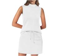Women's 2 Piece Tracksuit Summer Sleeveless Turtleneck Tank Top and Drawstring Mini Skirt Dress Sets Solid Color Outfits Ladies Co Ord Sets Clearance
