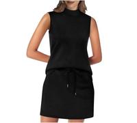 Women's 2 Piece Tracksuit Summer Sleeveless Turtleneck Tank Top and Drawstring Mini Skirt Dress Sets Solid Color Outfits Ladies Co Ord Sets Clearance Black