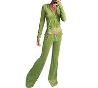 Women's 2 Piece Velour Tracksuit Set Heart Print Long Sleeve Zipper Hoodie Cropped Jacket and Sweatpants Y2K Sweatsuit Set, B-green, Medium