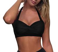 Women's 2 Pieces Bikini Sets Top Solid Halterneck Ruched Front 2 Pieces Swimsuit Bottomm Padded High Waisted Swim Bottom TummyControl Bathing Suits Beachwear Swimwear Swimming Costume (Black, XXL)
