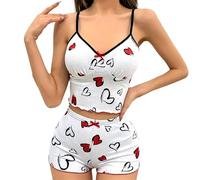 Womens 2 Pieces Cherry Print Summer Short Pyjama Set Scoop Neck Sleeveless Cami Vest With Ribbed Lace Trim Ladies Heart Print Pj Sets Cute Matching Camisole Nightwear Sexy Sleepwear Comfy Loungewear