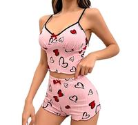 Womens 2 Pieces Cherry Print Summer Short Pyjama Set Scoop Neck Sleeveless Cami Vest With Ribbed Lace Trim Ladies Heart Print Pj Sets Cute Matching Camisole Nightwear Sexy Sleepwear Comfy Loungewear