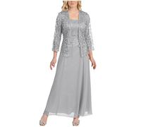 Women's 2 Pieces Dress Summer Chiffon Jumper Shift Dress with Lace Cut Out Cardigans Sets Lace Chiffon Dresses Mother of The Bride Suits with Lace Jacket Wedding Outfit Evening Gown