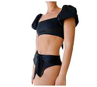 Women's 2 Pieces Fashion Bikini Sets Solid Color Puff Sleeves Swimwear Two Piece Swimsuits with Shorts High Waisted Swim Bottom TummyControl Bathing Suits Padded Swimwear Swimming Costume (Black, L)
