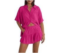 Women's 2 Pieces Outfit Summer Ladies Tracksuits Short Sleeve Button Down Shirts and Shorts Matching Set Ladies Lounge Sets Leisure Suits Plus Size Co Ord Sets Travel Outfits Holiday Clothes Hot Pink