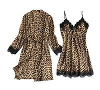 Women's 2 Pieces Satin Silk Short Robe and Pajama Camisole Dress Fashion Classic Lightweight Leopard Print Nightgown Nightie Ladies Elegant Lace Lingerie Set Loungewear Homewear