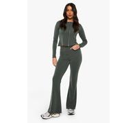 Womens 2 Tone Rib Zip Up Top & Flared Trouser - Green - 14, Green