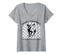 Women's 2 Tone Ska Enjoy Yourself, It's Later Than You Think V-Neck T-Shirt, Heather Grey, X-Large