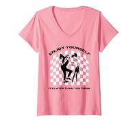 Women's 2 Tone Ska Enjoy Yourself, It's Later Than You Think V-Neck T-Shirt, Pink, Small