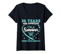 Women's 20 Years and Counting Im A Survivor Ovarian Cancer Awareness V-Neck T-Shirt