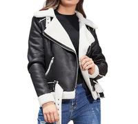 Womens 2023 Fall Winter Warm Sherpa Lined Fleece Faux Leather Motocycle Jacket with Belted Long Sleeve Faux Fur Collar Notched Lapel Cropped Aviator Jacket Moto Biker Jacket Cardigan Outerwear
