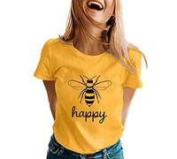 Women's 2023 Summer Blouses Womens Spring Summer Bee Printed Short Sleeve O Neck T Shirt Top Solid Color Cotton Lightweight Comfortable Dalily Tee Tops Blouse 80s T Shirts Women Yellow