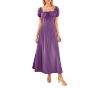 Women's 2023 Summer Square Neck Short Puff Sleeve Solid Color High Waist Casual Ruched Tie Up Flowy A Line Split Midi Dress (Purple, S)