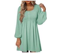 Women's 2024 Casual Dress, Smocked, Crew Neck, Button Placket, Long Sleeves, Empire Waist, A-line, Mini Dress, Black Dress, Tight, Green, L