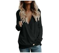 Womens 2024 Deep V Neck Wrap Sweaters Long Sleeve Front Loose Knitted Pullover Fall Winter Tops Fuzzy Long Sleeve Shirts for Women (Black, L)