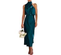 Women's 2024 Elegant Sleeveless Summer Dresses Backless Satin Solid Color Cocktail Party Maxi Dresses Blue