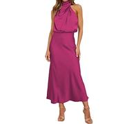 Women's 2024 Elegant Sleeveless Summer Dresses Backless Satin Solid Color Cocktail Party Maxi Dresses Rose Red