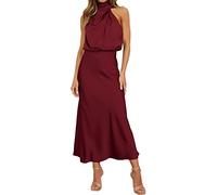 Women's 2024 Elegant Sleeveless Summer Dresses Backless Satin Solid Color Cocktail Party Maxi Dresses Wine Red