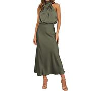 Women's 2024 Elegant Sleeveless Summer Dresses Backless Satin Solid Color Cocktail Party Maxi Dresses Army Green