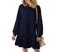 Womens 2024 Fall Long Sleeve Pullover Tops Crewneck Rib Knit Patchwork Sweatshirt, Fall Mini Pleated Sweater Dress (Navy Blue,XL)