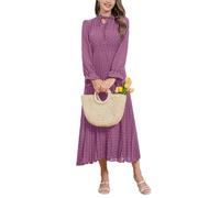 Women's 2024 Fall Midi Dress Casual Long Sleeve Swiss Dot Pleated A Line Flowy Cocktail Dresses Wedding Guest Dress, Purple, XL