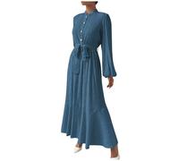 Women's 2024 Spring Dresses Long Sleeve Round Neck Maxi Dress Summer Casual Swing Pleated Dress Half Button Elegant Dress Casual Loose Tunic Dresses Office Work Dress with Belted