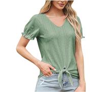 Women's 2024 Summer Tops Short Sleeve V Neck Basic T Shirts Dressy Casual Tie Front Tops Eyelet Blouses Tunic Blouse with Layered Womens Summer Tops Ladies Summer Blouse T Shirts UK Sale Army Green