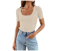 Women's 2025 Short Sleeve Square Neck T Shirts Slim Fitted Summer Ribbed Knit Basic Casual Tee Tops 2025 Ladies Tops