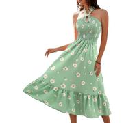Women's 2025 Summer Beach Dress Halter Neck Sleeveless Casual Flowy Long Boho Maxi Dresses Green White A Line Floral Spring Clothes Green White Daisy S