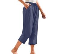 Women's 2025 Summer Linen Wide Leg Cropped Pants Loose Slimming Trousers Solid Color Lounge Petite Short Leg Linen Pants Women High Waist Cropped Trousers Ladies Summer Breathable Leg Bottoms Navy