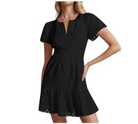 Women's 2025 Summer Short Sleeve Mini Dress V Neck Ruffle Hollow Out Eyelet Lace Dresses 2025 Dresses for Women UK