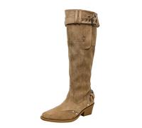Women's 2025 Vintage Stacked Boots Khaki Pointed Toe Chunky Heel Slouch Ankle Boots | Boho Buckle Detail Leather Boots (Apricot,8)