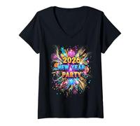 Womens 2026 New Year DJ Party Dance Celebration Fireworks Art V-Neck T-Shirt