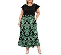 Women's 2026 Plus Size Summer Dress Casual Maxi Dresses with Pockets Crew Neck Ruffle Short Sleeve Floral Long Dress, Green Bohemia, 3XL Plus