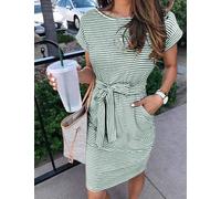 Women's 2026 Summer Casual T Shirt Dress Short Sleeve Striped Tie Waist Work Vacation Trendy Dress Short Dresses with Pockets